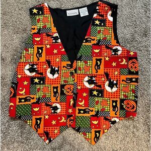 Vintage 90s Basic Editions Halloween Witch Black Cats Bats Jack O Lantern Vest